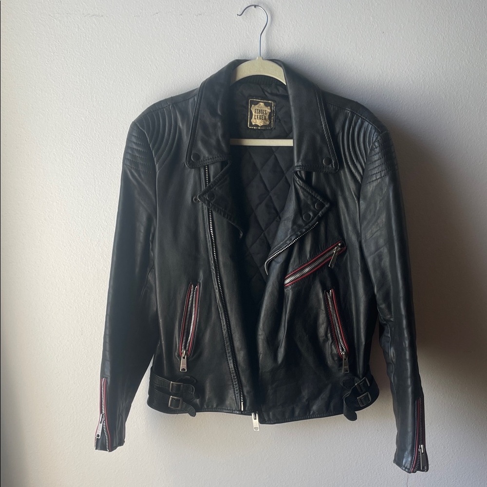 Vintage Black Leather Jacket with Red Accents